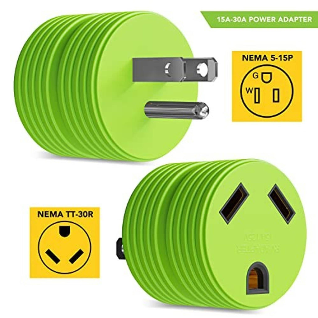 Green power adapter with NEMA-style connectors, male plug and female receptacle