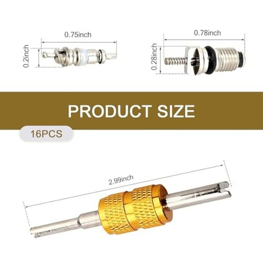 Metal valve core removal tool and service core with shown size measurement lines