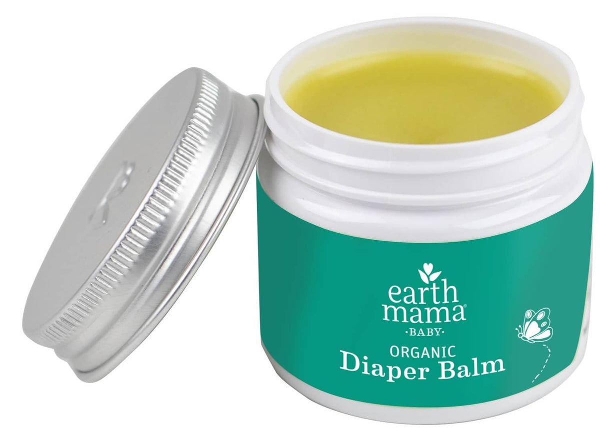 Organic diaper balm jar with pale yellow cream, white base and silver screw lid