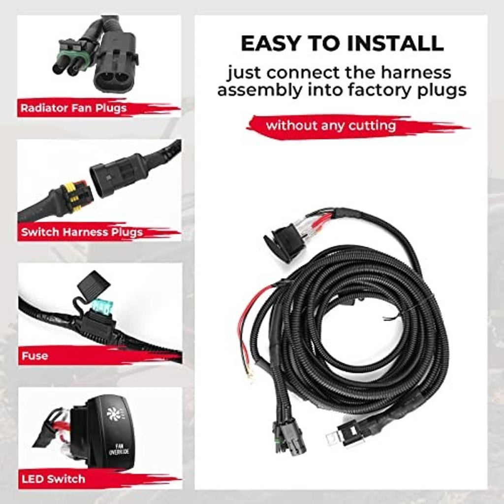 Fan override switch kit with black cable harness and plugs for easy installation