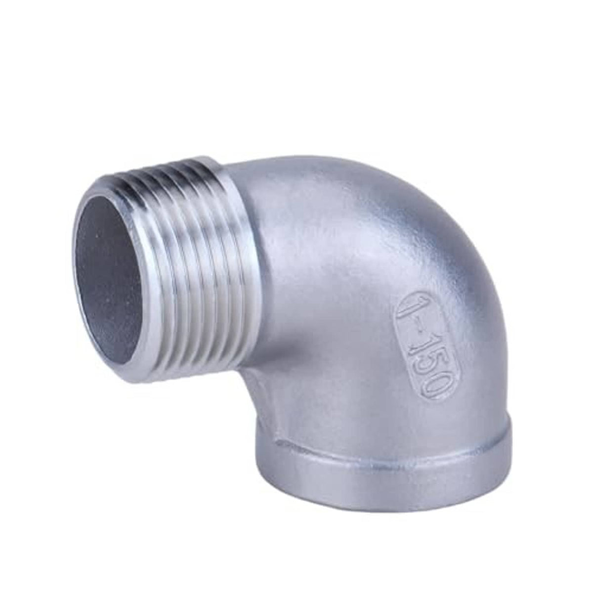 90° stainless steel pipe elbow fitting with male and female NPT threads, 1 inch.
