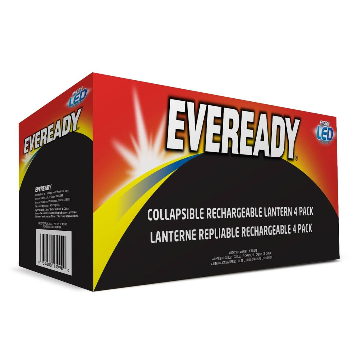 Eveready collapsible rechargeable lantern 4-pack box back panel with product details