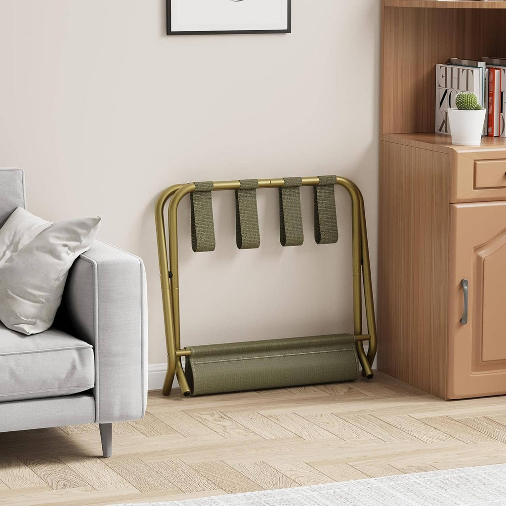 Foldable luggage rack in corner with front fabric loops and lower fabric storage shelf.