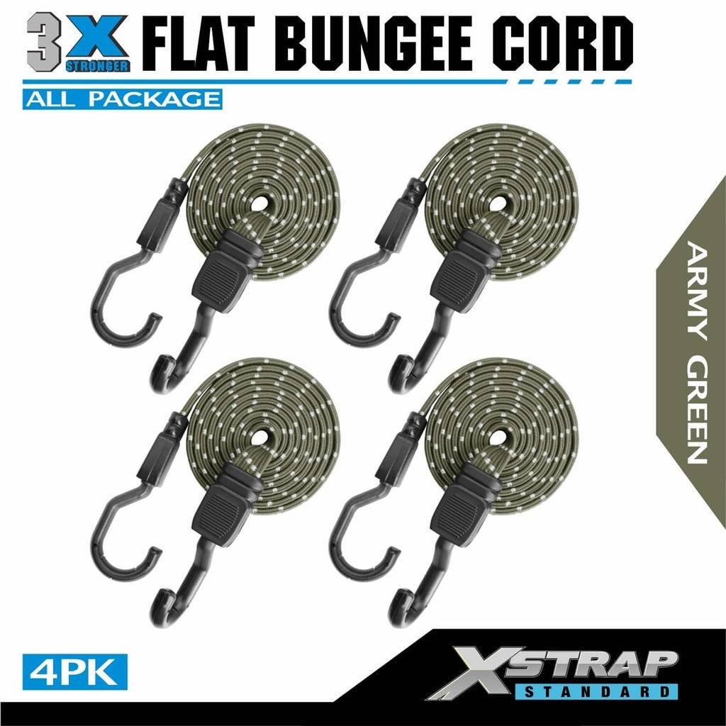 4-pack flat bungee cords in army green with adjustable black hook ends