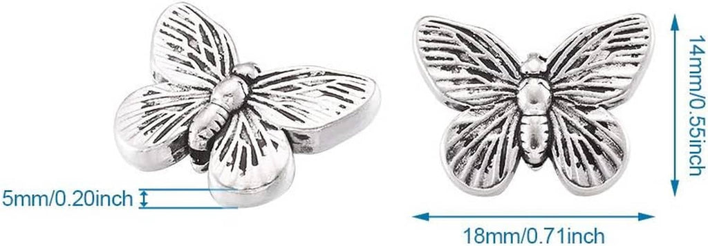 Antique silver butterfly spacer beads, detail view with 4mm and 18mm size marks