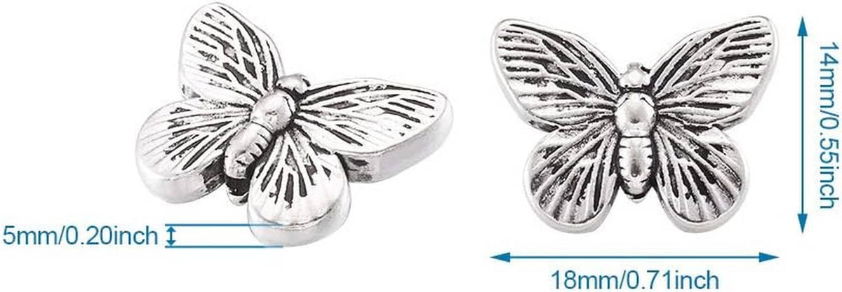 Antique silver butterfly spacer beads, detail view with 4mm and 18mm size marks