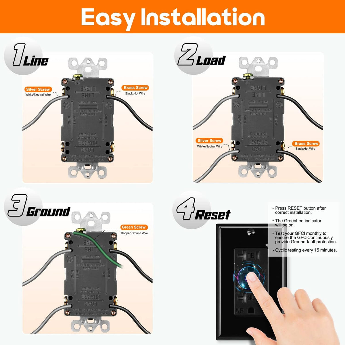 Black 20A GFCI outlet with wiring connections for easy installation