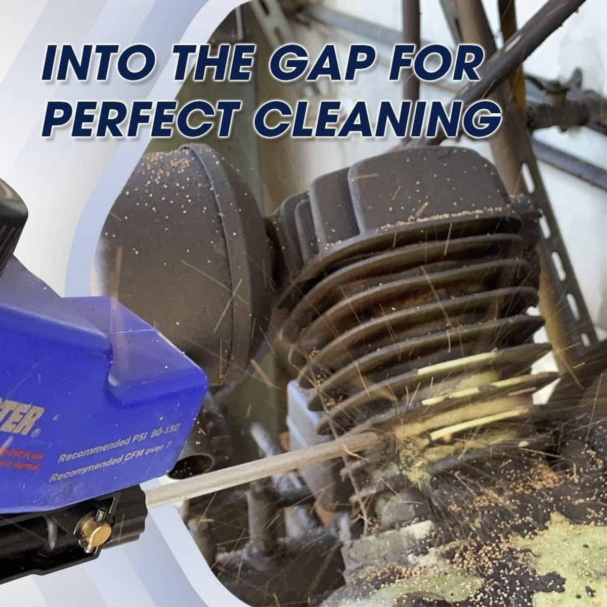 Sandblaster nozzle extension wand blasting debris from a surface