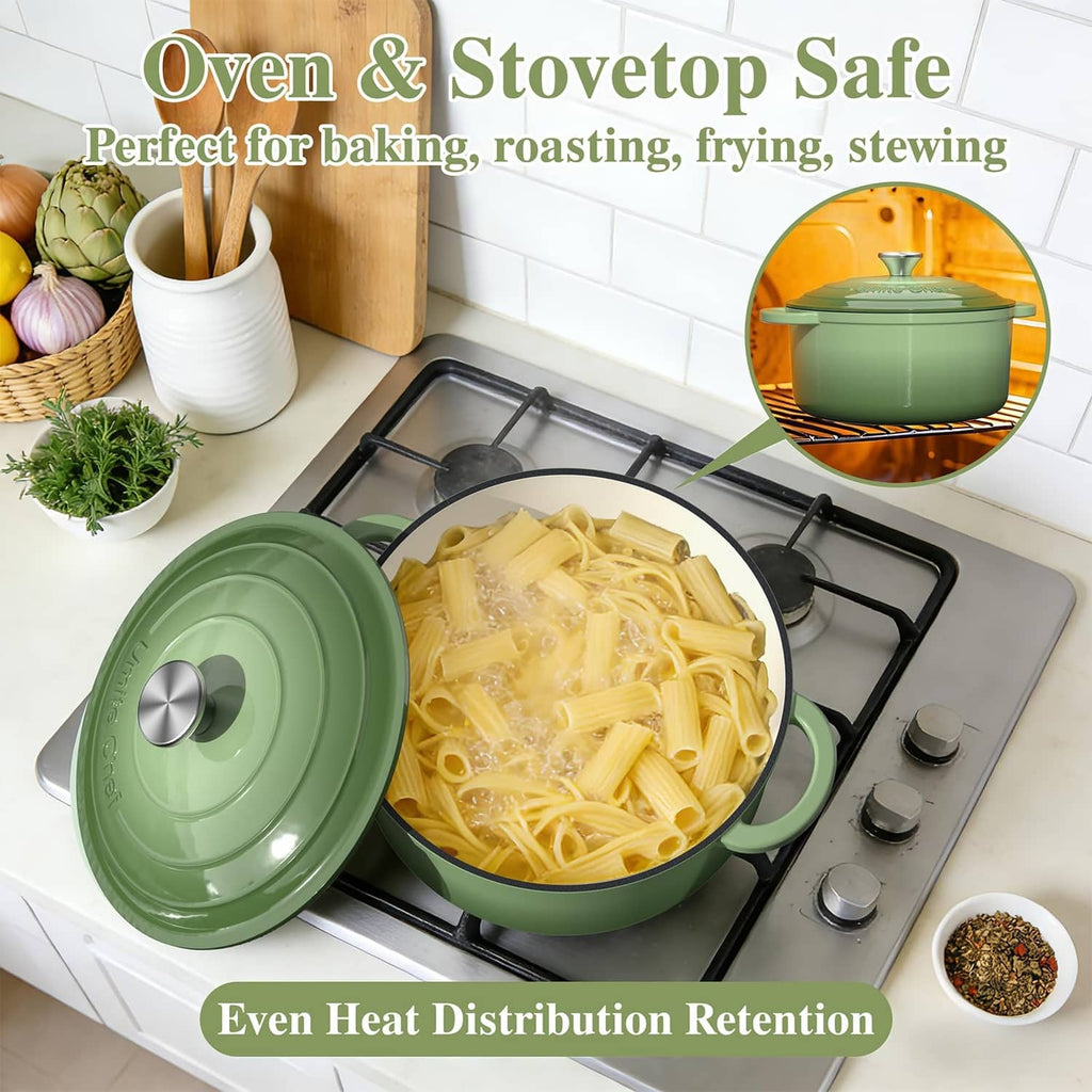 Sage green enameled cast iron Dutch oven on a stovetop with lid