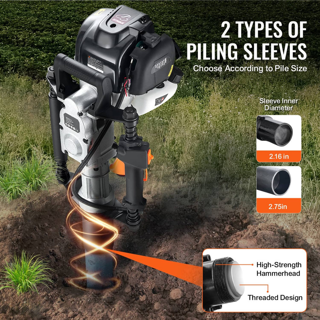 Gas-powered T post driver with front piling sleeve and threaded-looking steel barrel