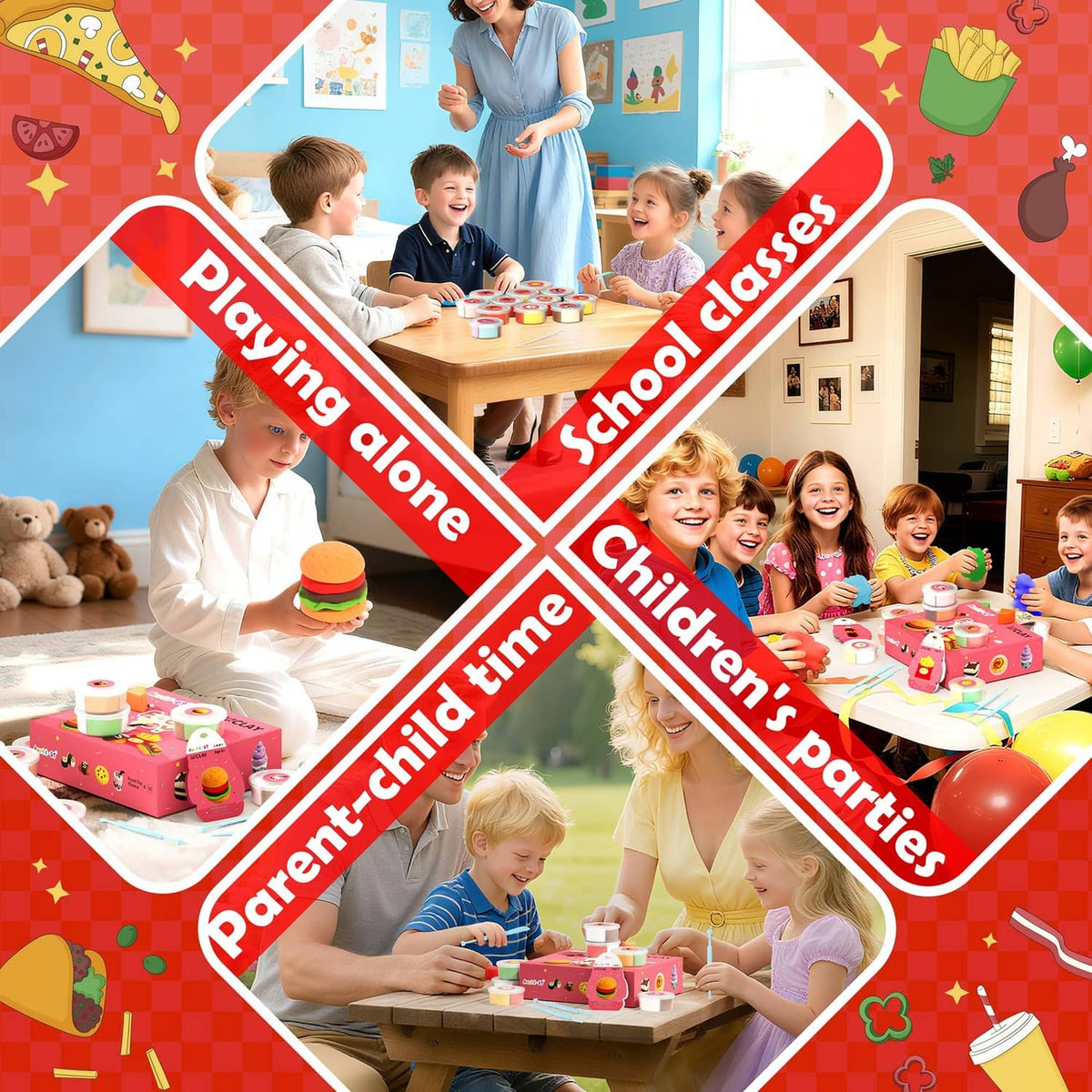 Air-dry clay kit with food toys for kids, shown while children craft at a table