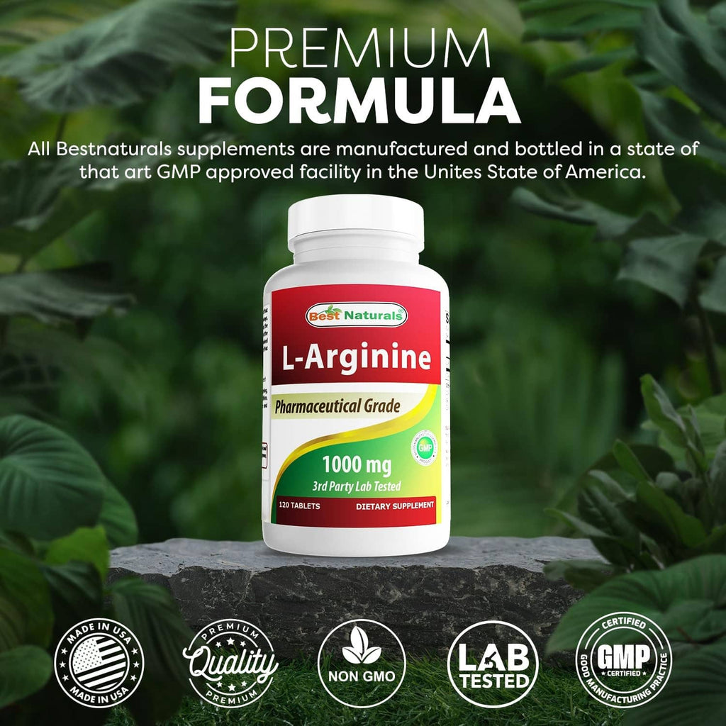 Best Naturals L-Arginine 1000 mg bottle with Premium Formula and quality badges