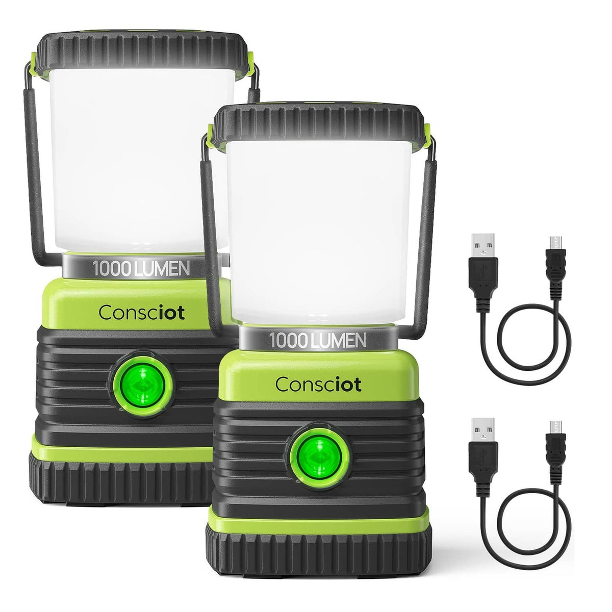Light green LED camping lantern twin pack with bright panels and USB charging cables