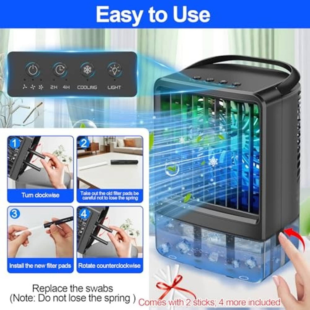 Dark black portable air conditioner cooling fan with top control panel and front vent window