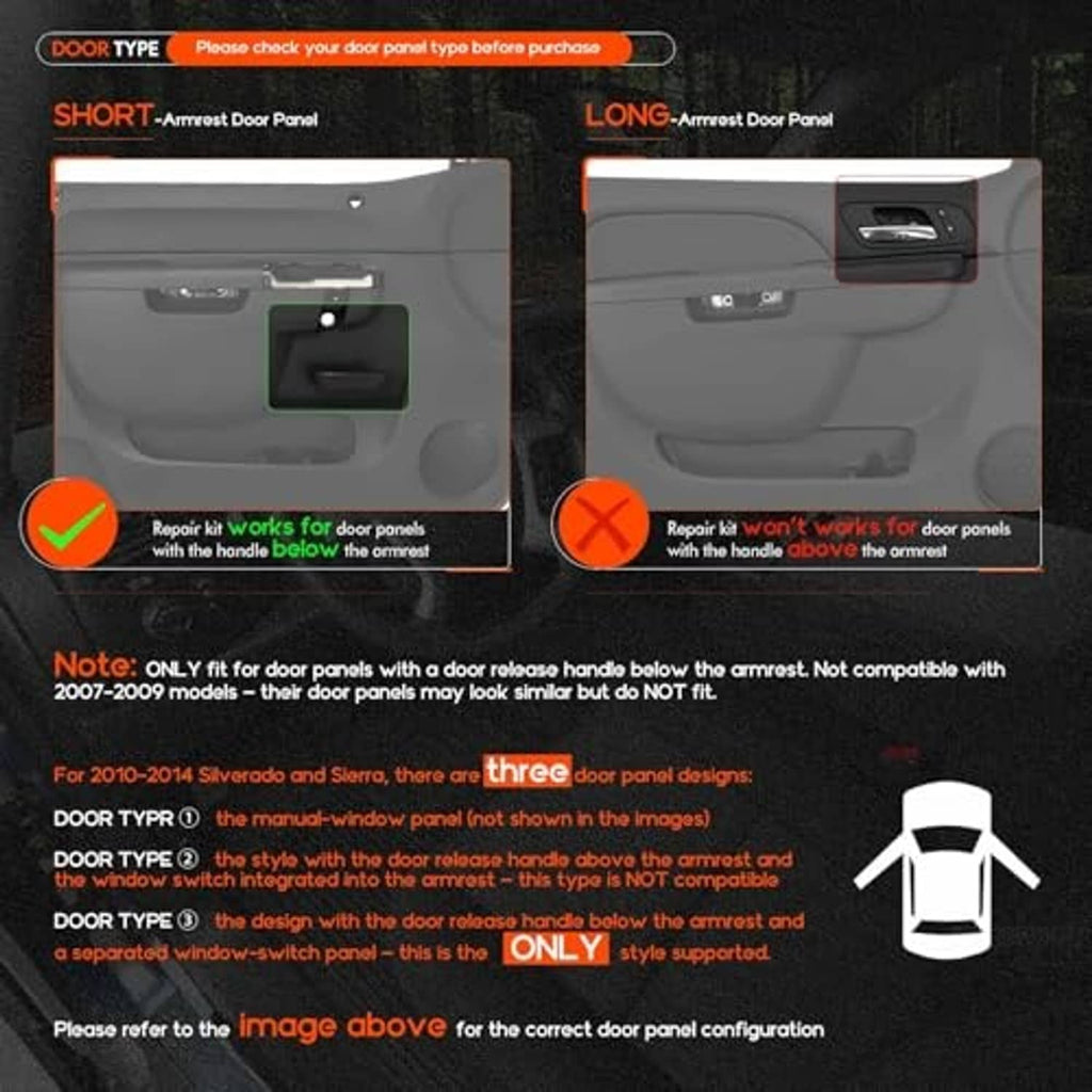 Gray door armrest panel options showing short vs long fit guidance