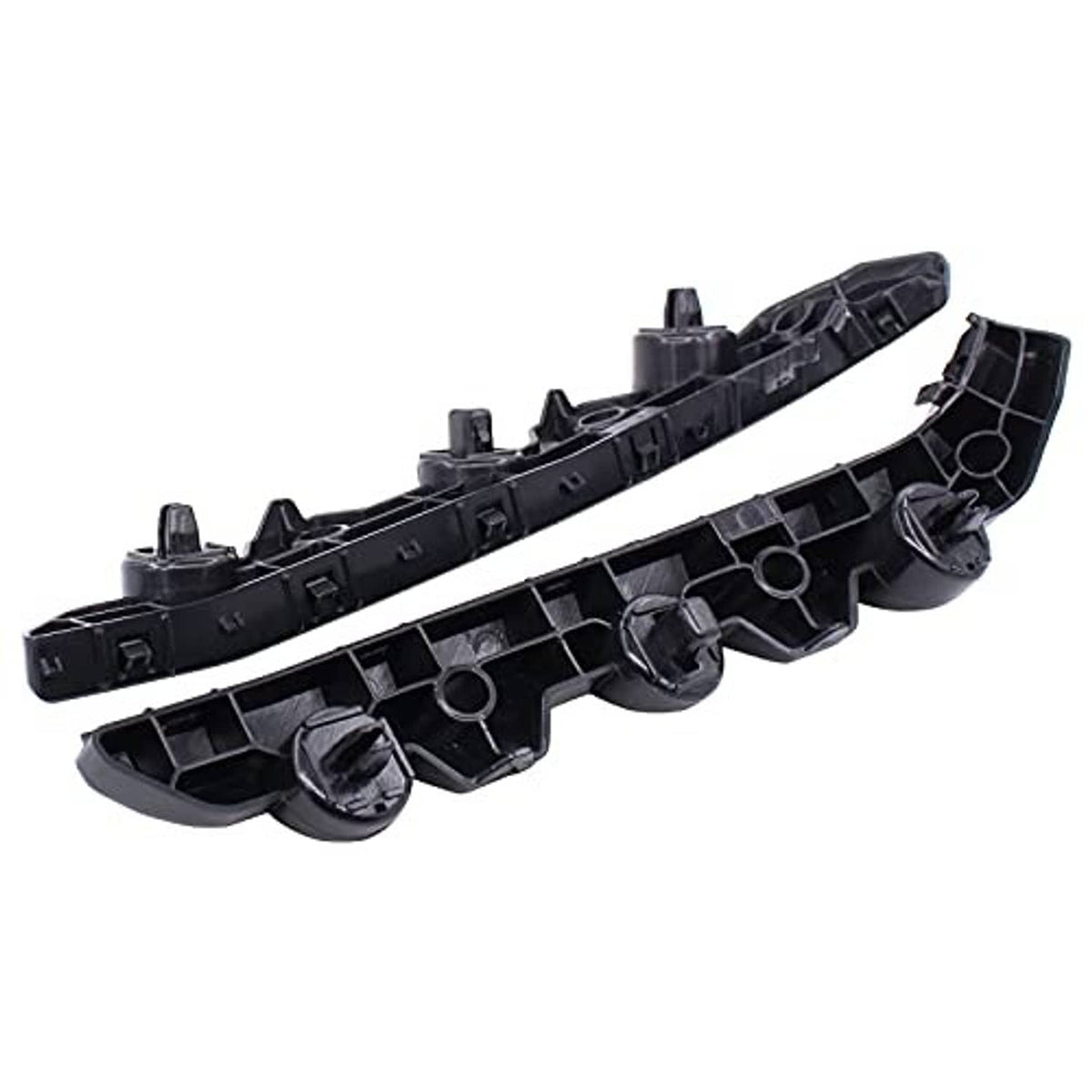 Front bumper bracket retainer pair, underside view with molded channels and tabs