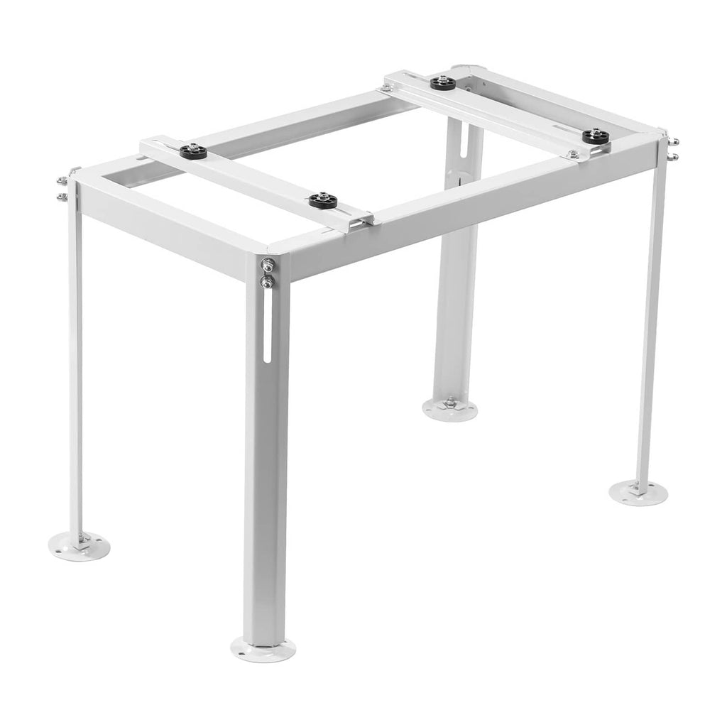 Adjustable anti-vibration mini split ground stand with four leveling legs, white metal frame