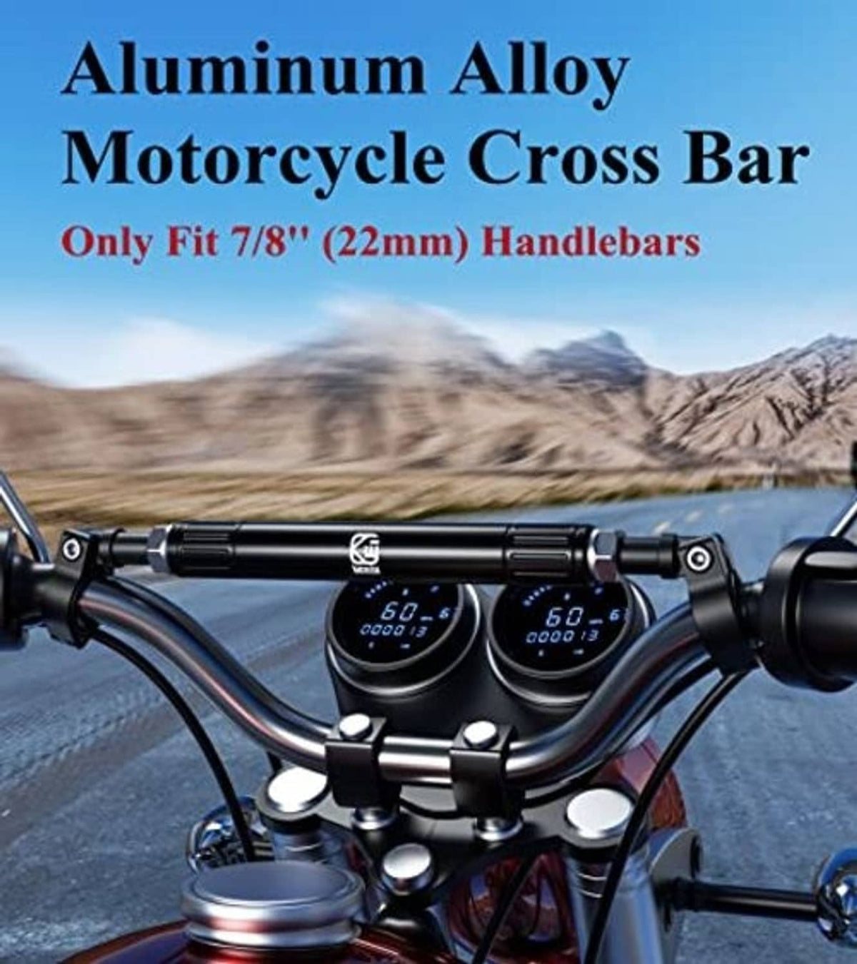 Black motorcycle cross bar installed across handlebars with two end mounts