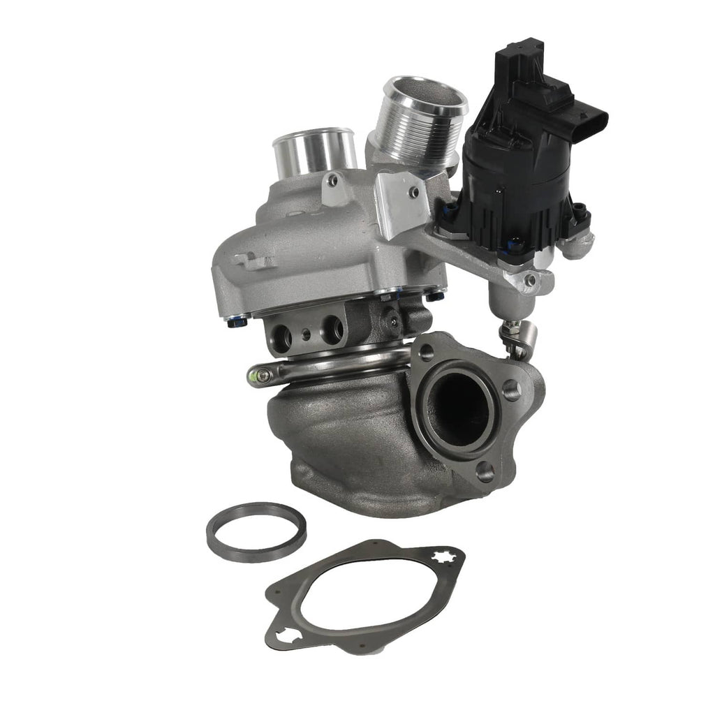 Right-side turbocharger assembly with metal housing, outlet flange, and included gaskets