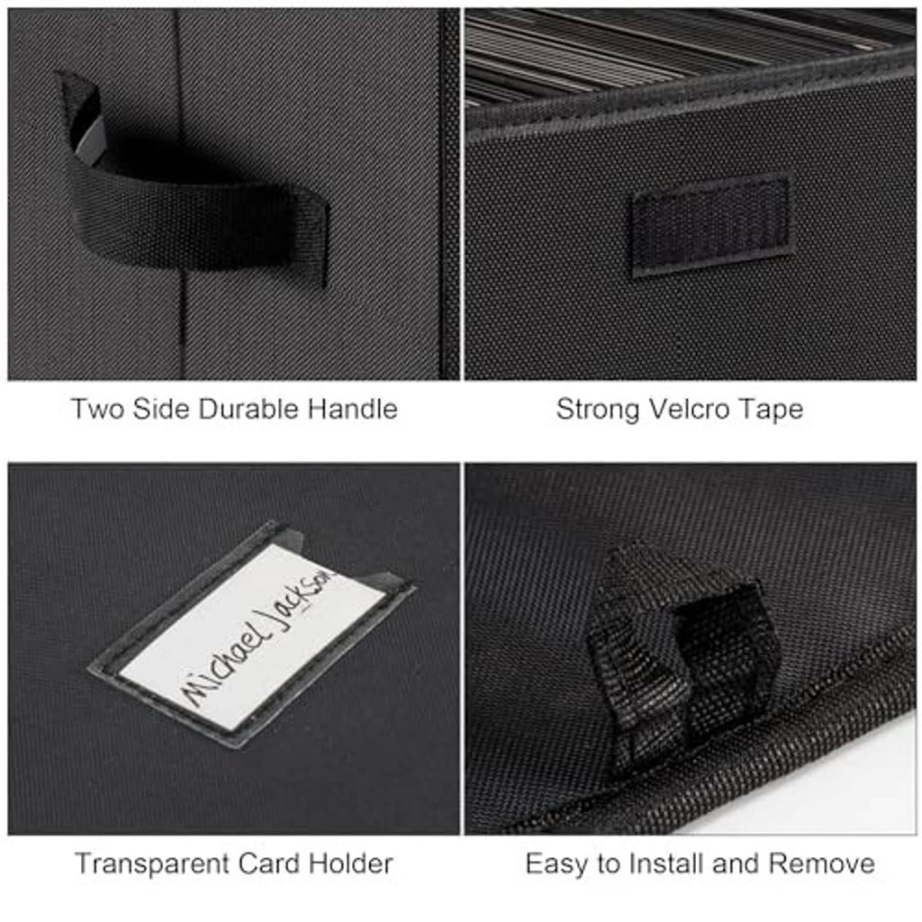 Black vinyl record storage box with transparent card holder and Velcro closure