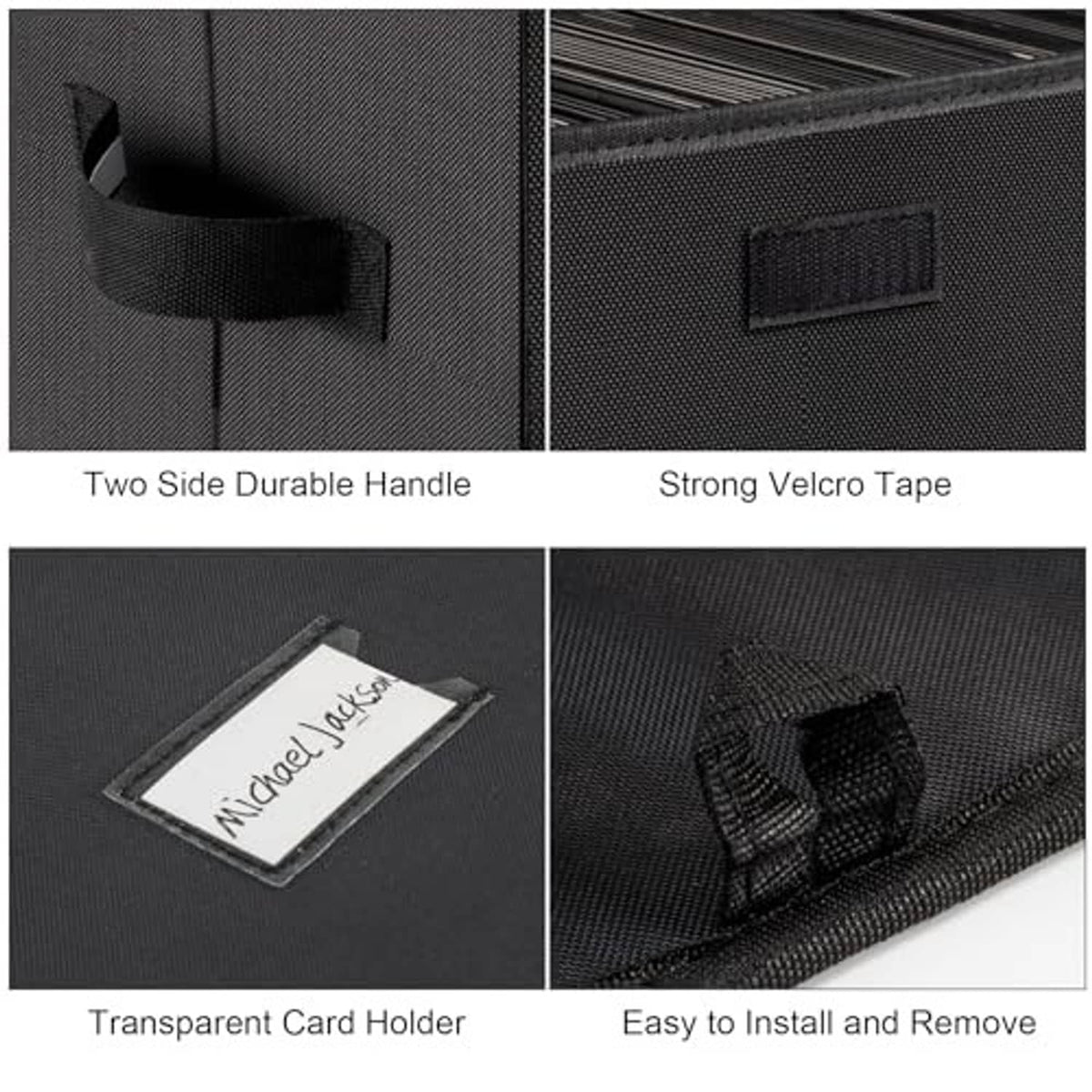 Black vinyl record storage box with transparent card holder and Velcro closure