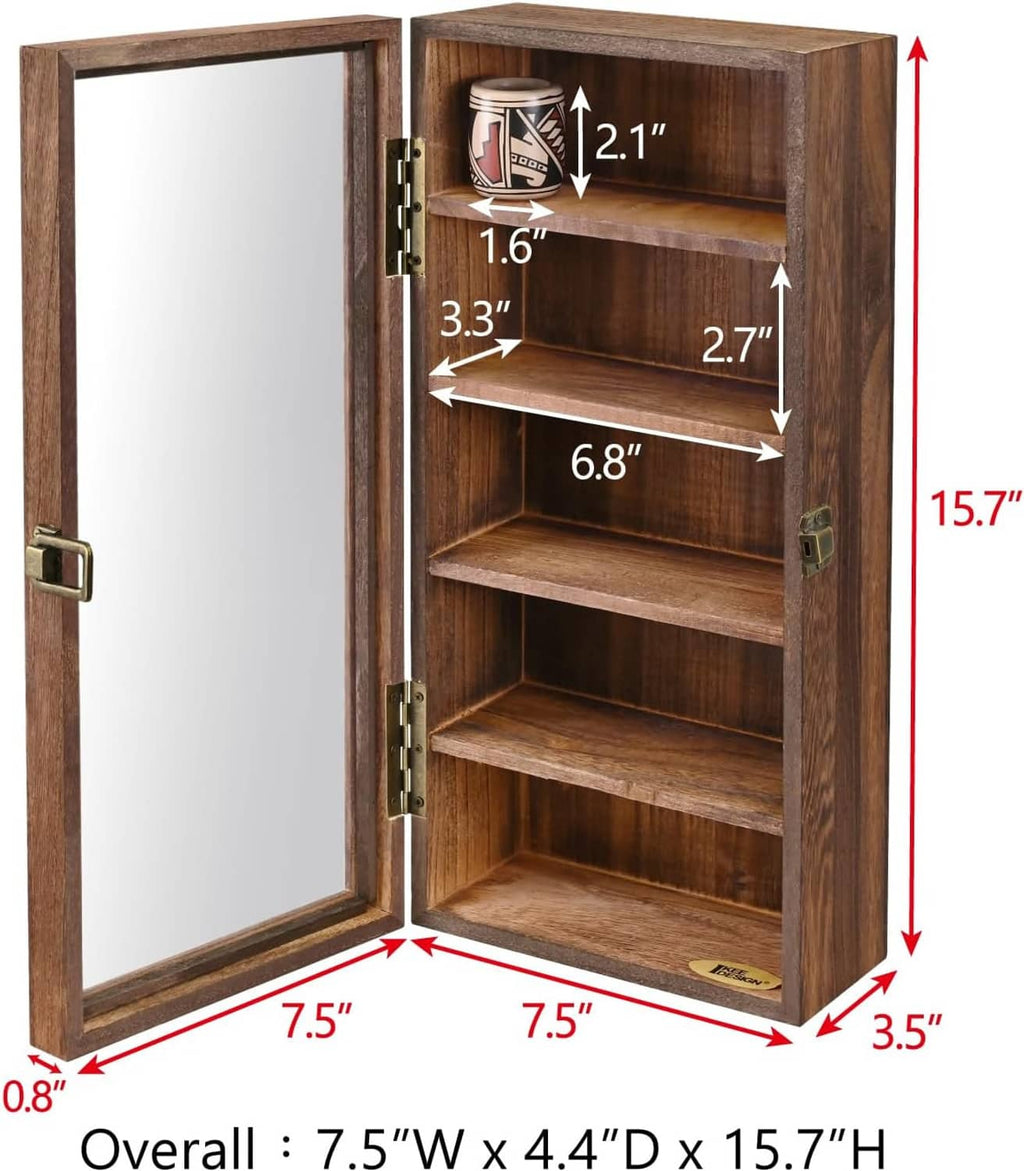 Wall mounted wooden display case with open door, showing shelf spacing dimensions