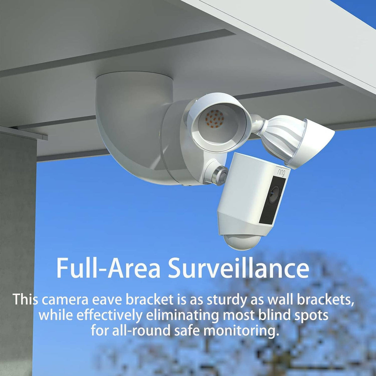 White eave mount bracket holding a floodlight camera under an overhang