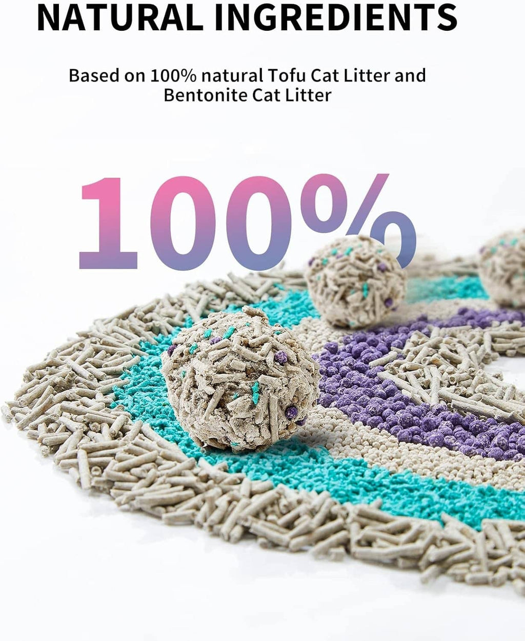 Mixed cat litter pellets on colorful base, natural-looking granules