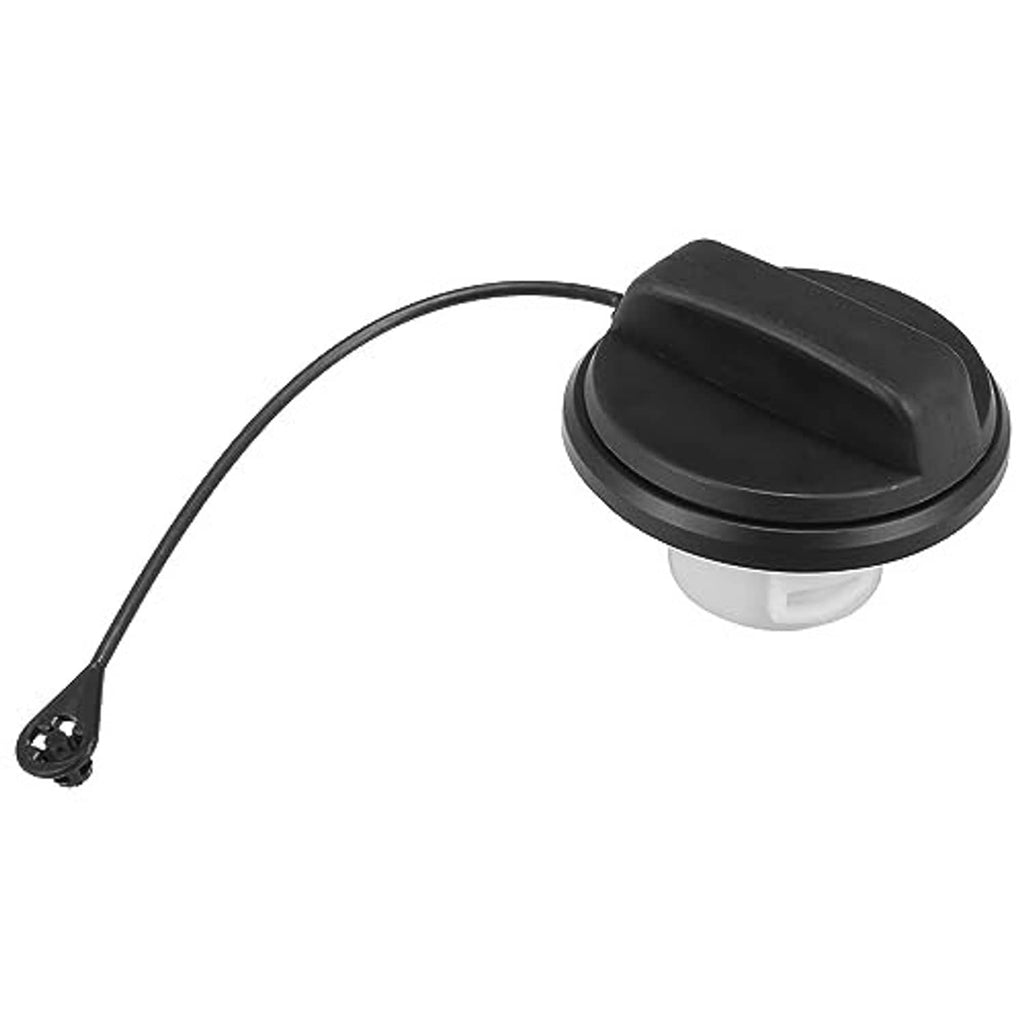 Fuel tank cap cover with black hinged lid and attached cable, white insert