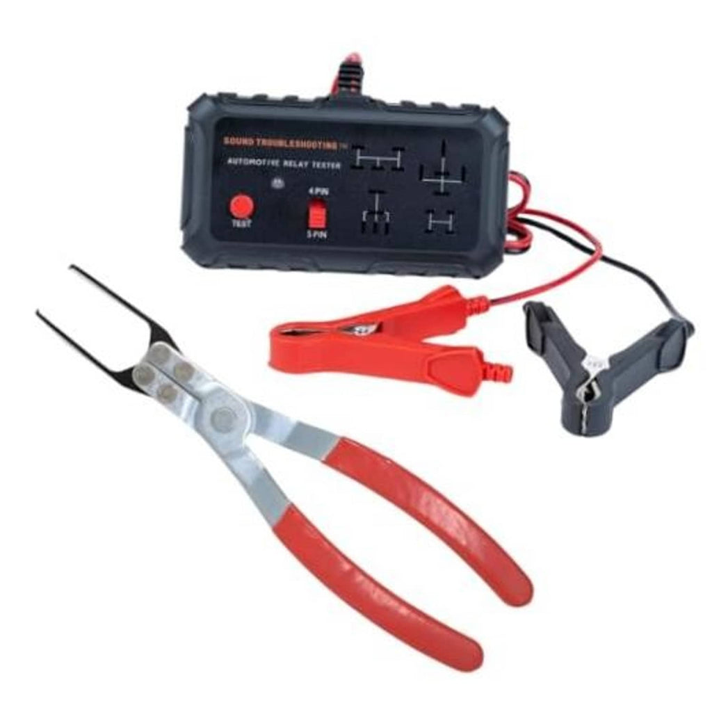 Automotive relay tester kit with black tester box, red puller pliers, and cable leads.