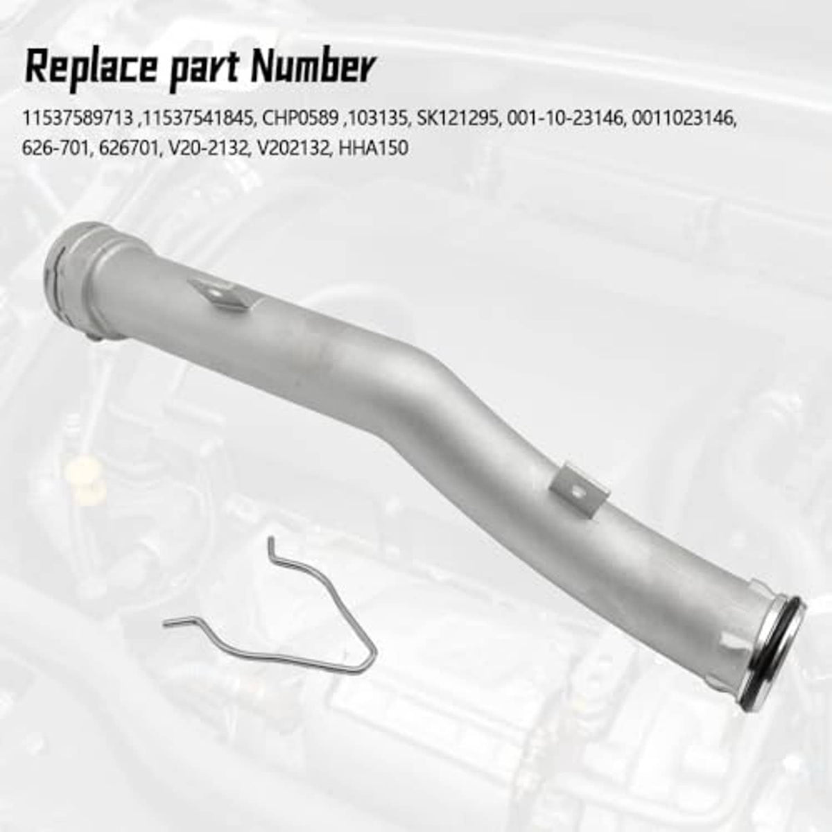 Aluminum coolant pipe with O-ring style seal and mounting bracket tabs, silver