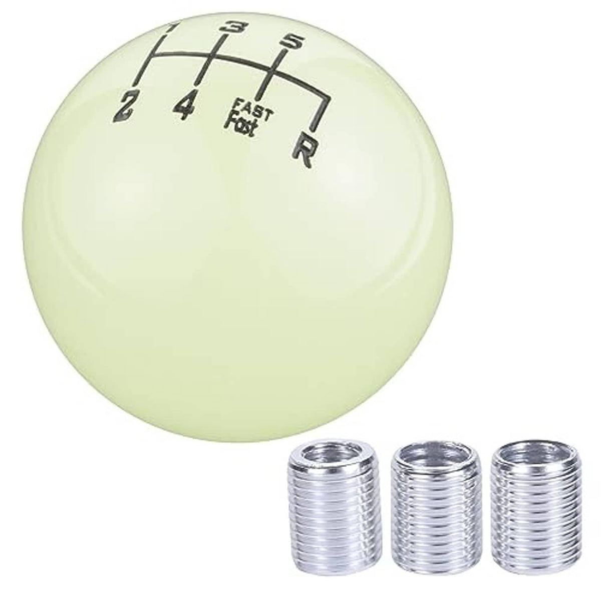 Fluorescent green shift knob with chrome-threaded sleeves for mounting