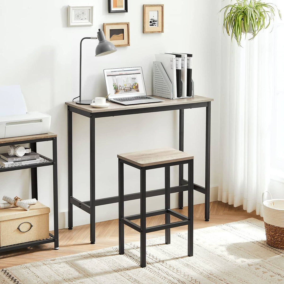 Greige bar stool with black metal legs and square seat