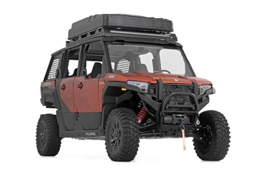 Side view of UTV front windshield with clear panel and black frame