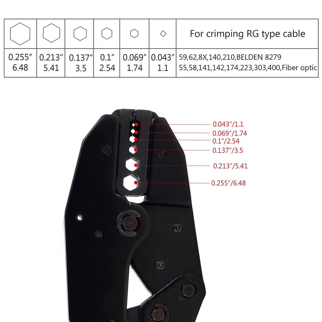 Black crimp head with red guide marks for RG cable connector sizes