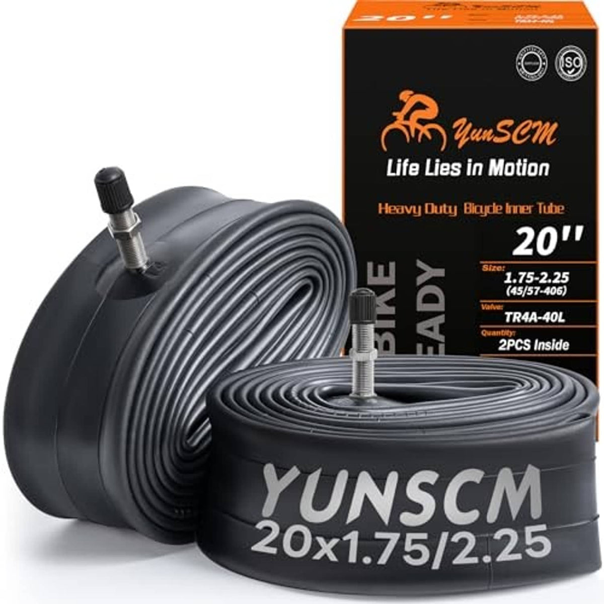Pair of black 20 in bike inner tubes with Schrader valve stems and retail box