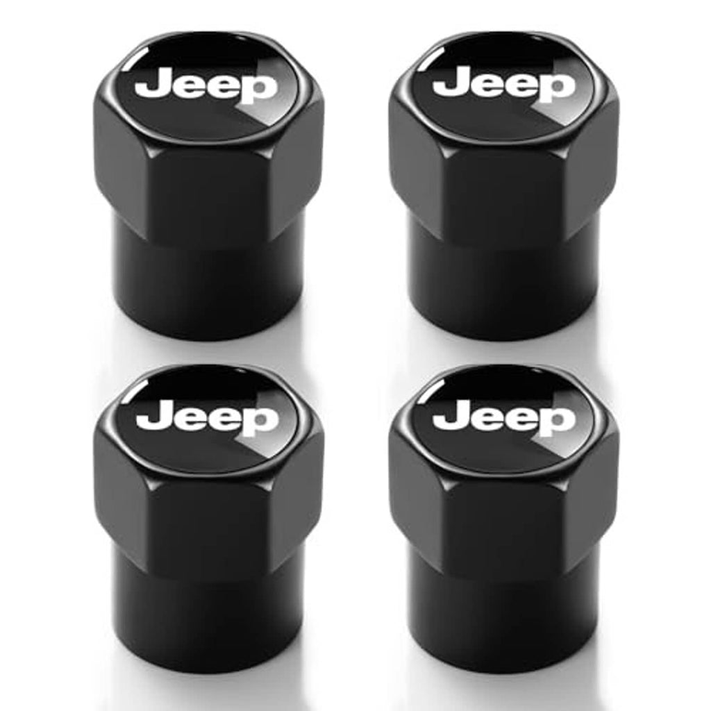 Set of four black metal valve stem caps with Jeep logo on hex protective covers