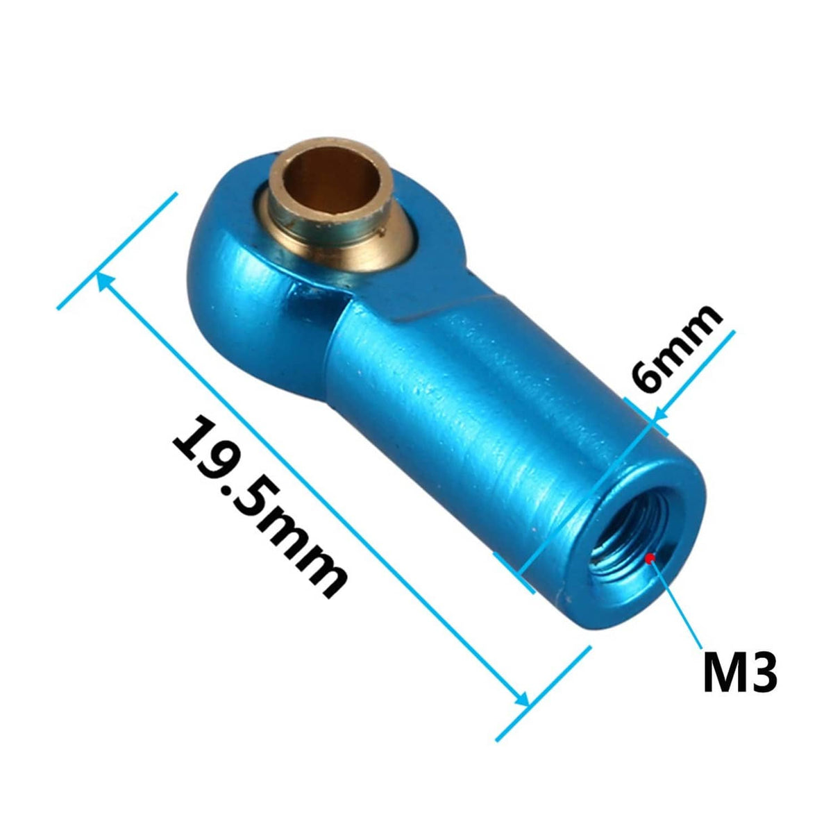 Blue aluminum M3 tie rod end ball joint link, 19.5mm length, brass threaded insert