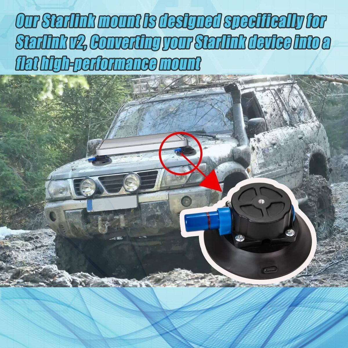 Black suction cup mount base with blue hand-pump hose, ready for mounting