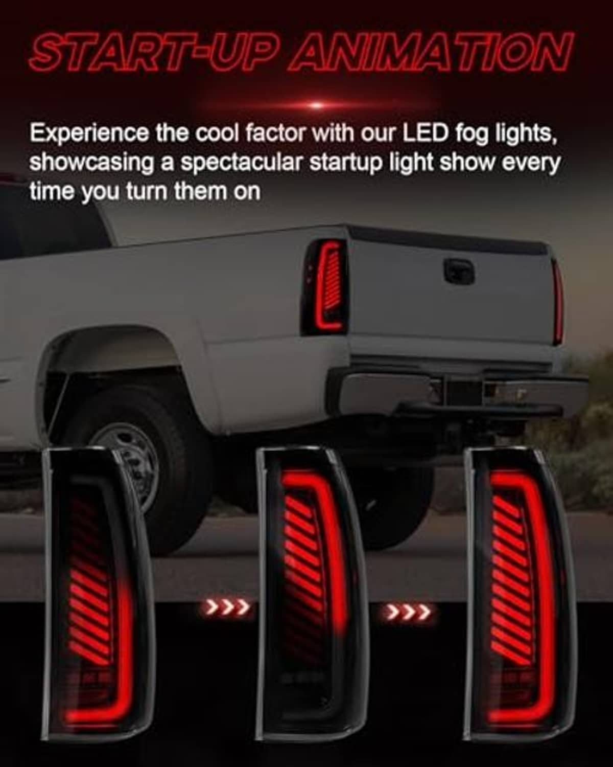 Truck tail lights showing red vertical LED bars with smoked housing on both sides