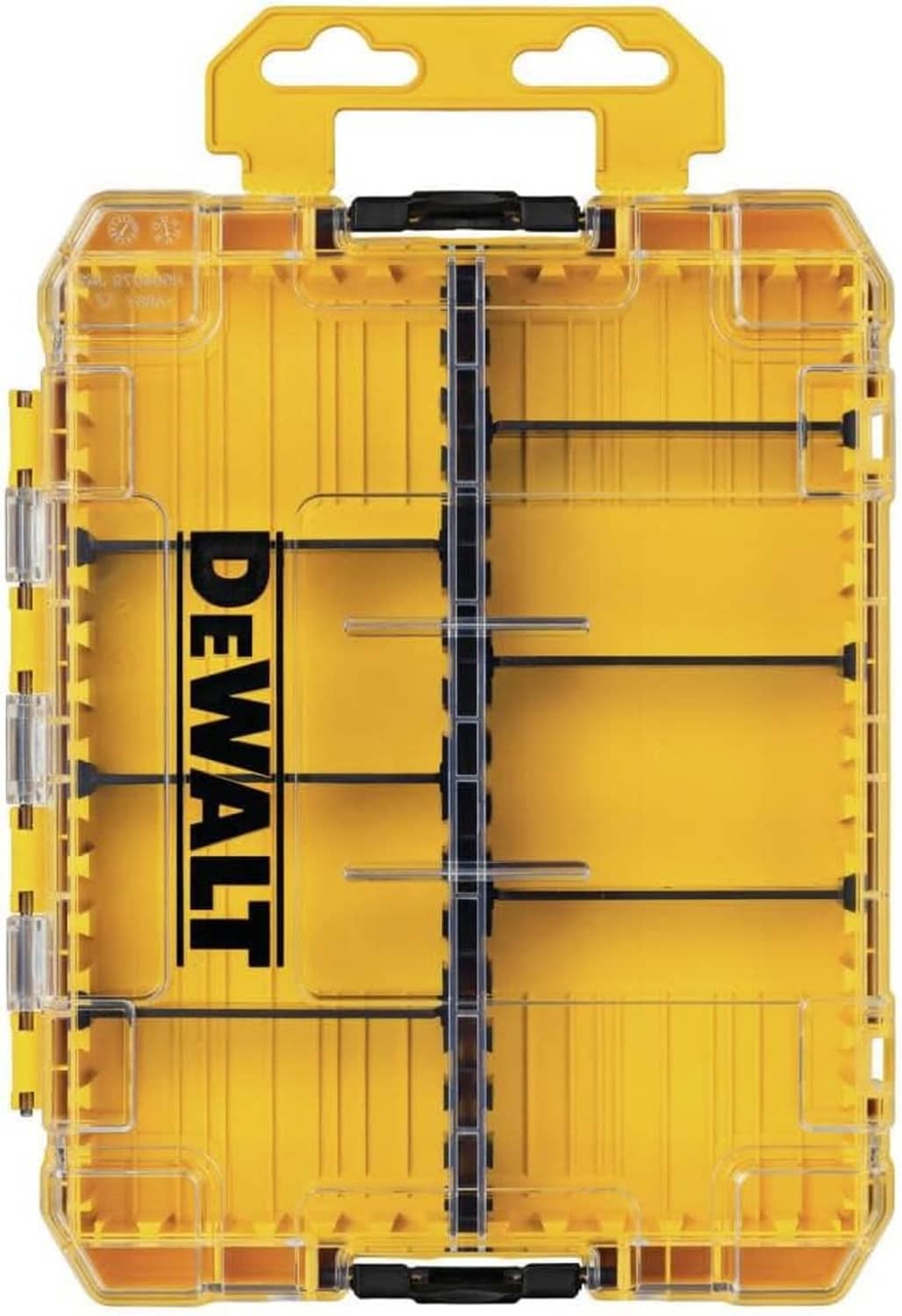 DEWALT small parts organizer case with yellow body, clear cover, and black divider bars
