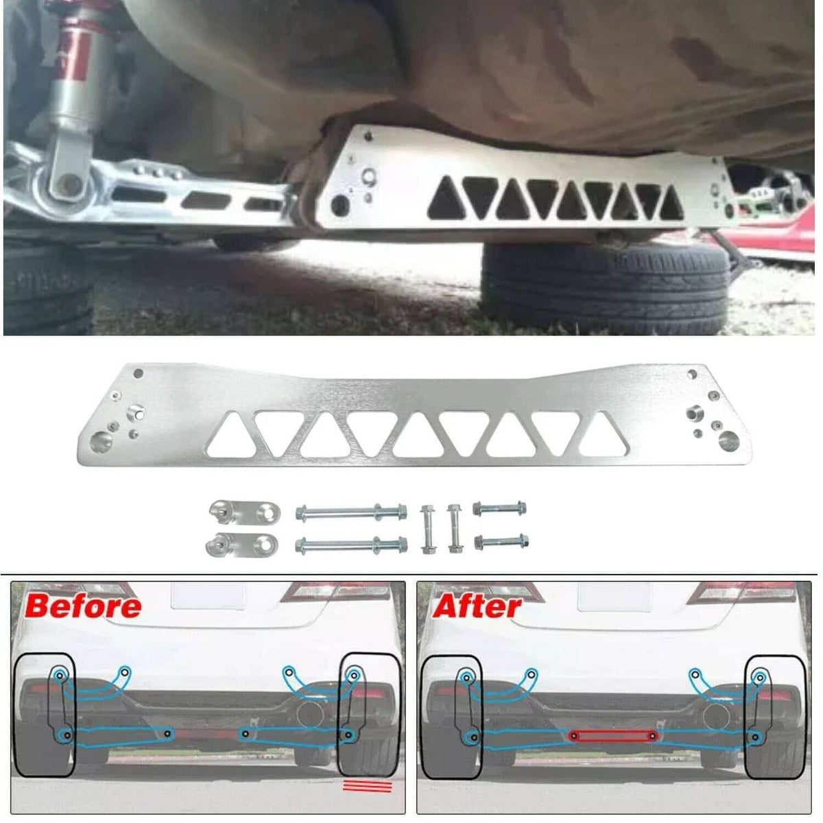 Rear subframe brace tie bar installed under car, silver bar with cutout pattern