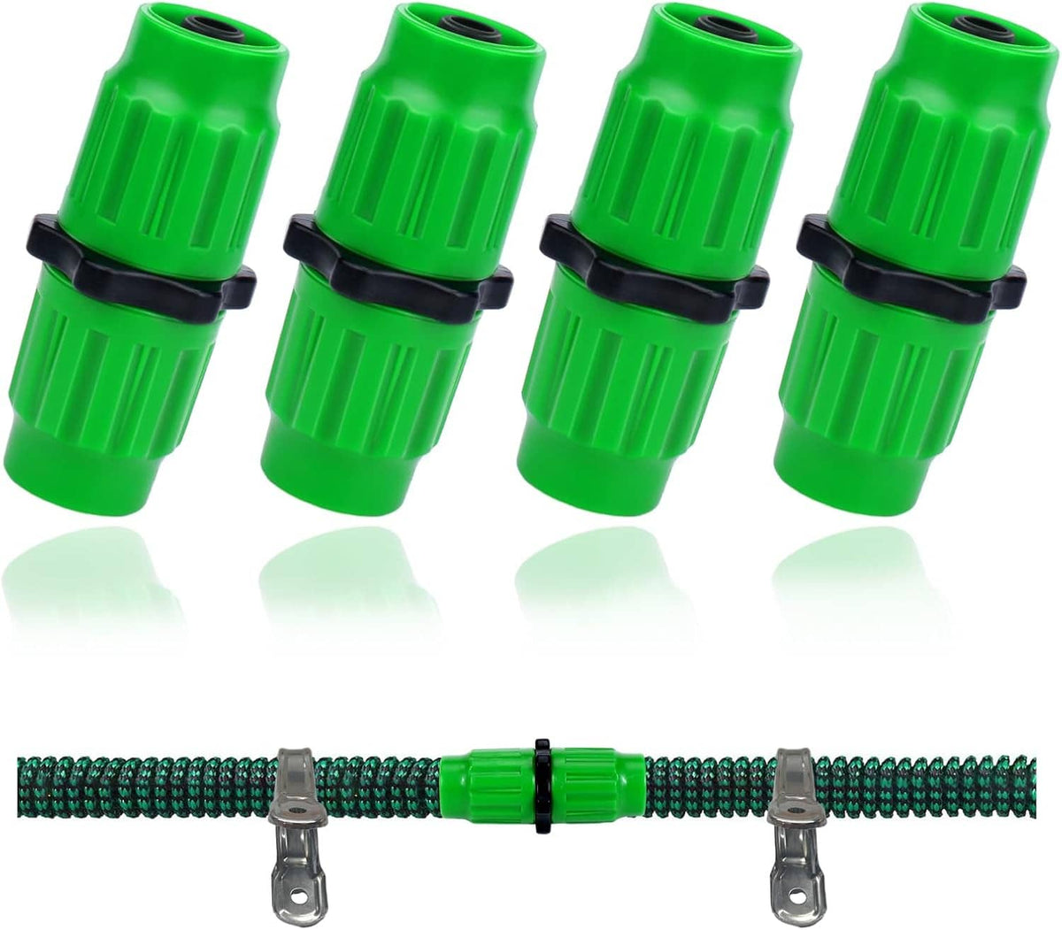 Expandable garden hose repair kit, four green couplers with black center and two metal clips