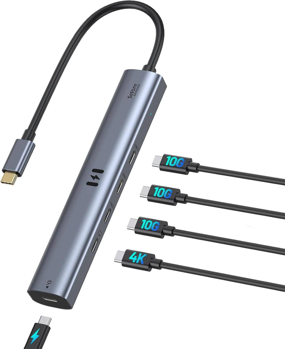 USB-C hub with detachable cable, dark gray metal body, and side ports