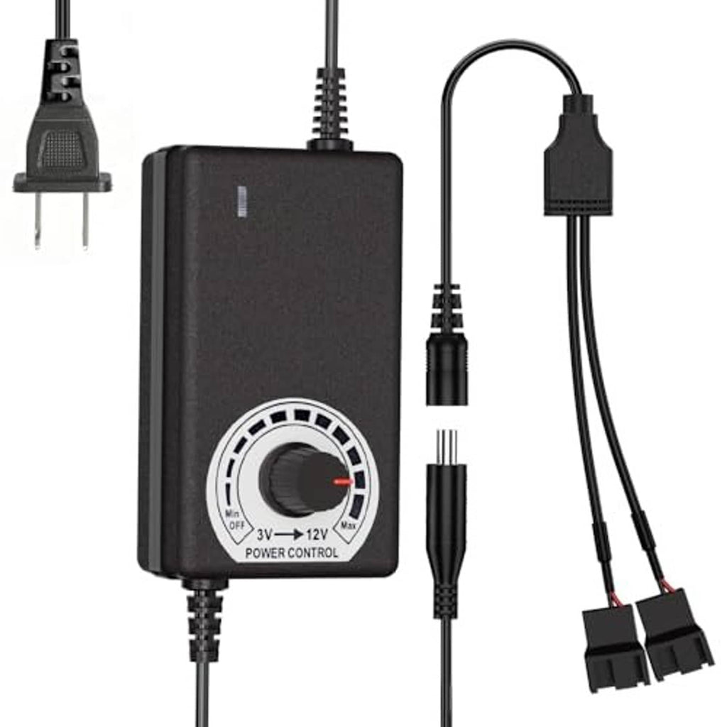 Black PWM fan hub controller with rotary dial and multiple 3-pin/4-pin splitter cables