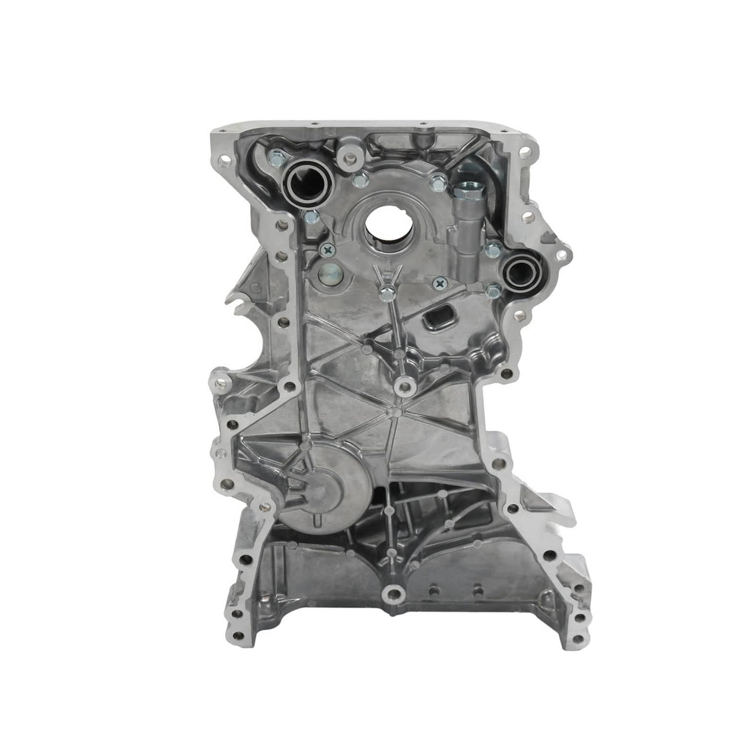 Engine timing cover oil pump assembly, silver underside view with circular ports and internal ribs