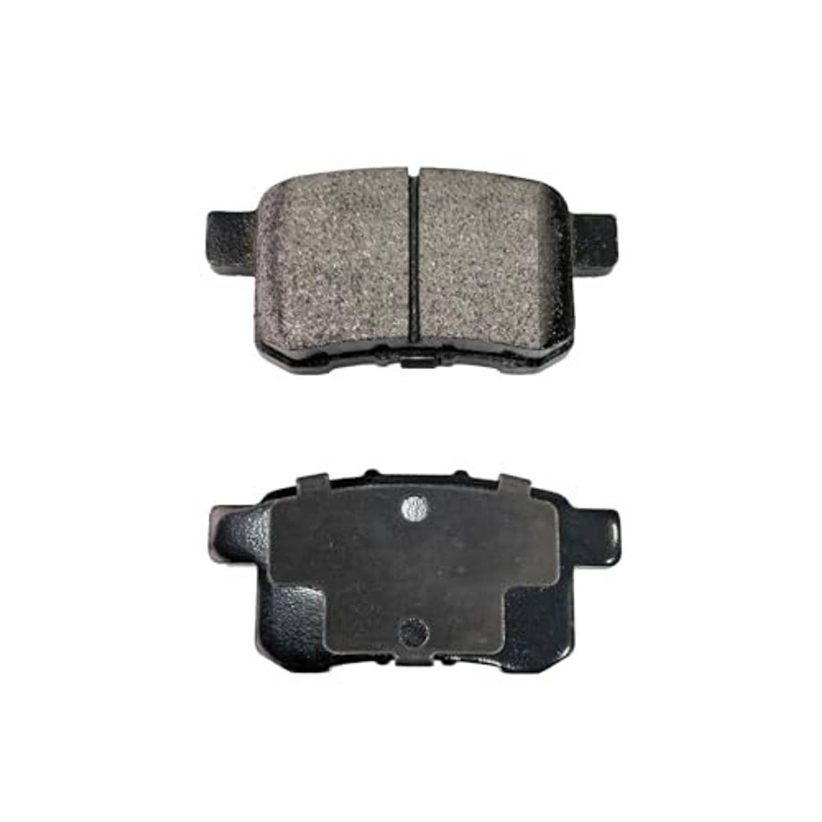 Ceramic disc brake pads, single gray pad with dark backing plate and side clips
