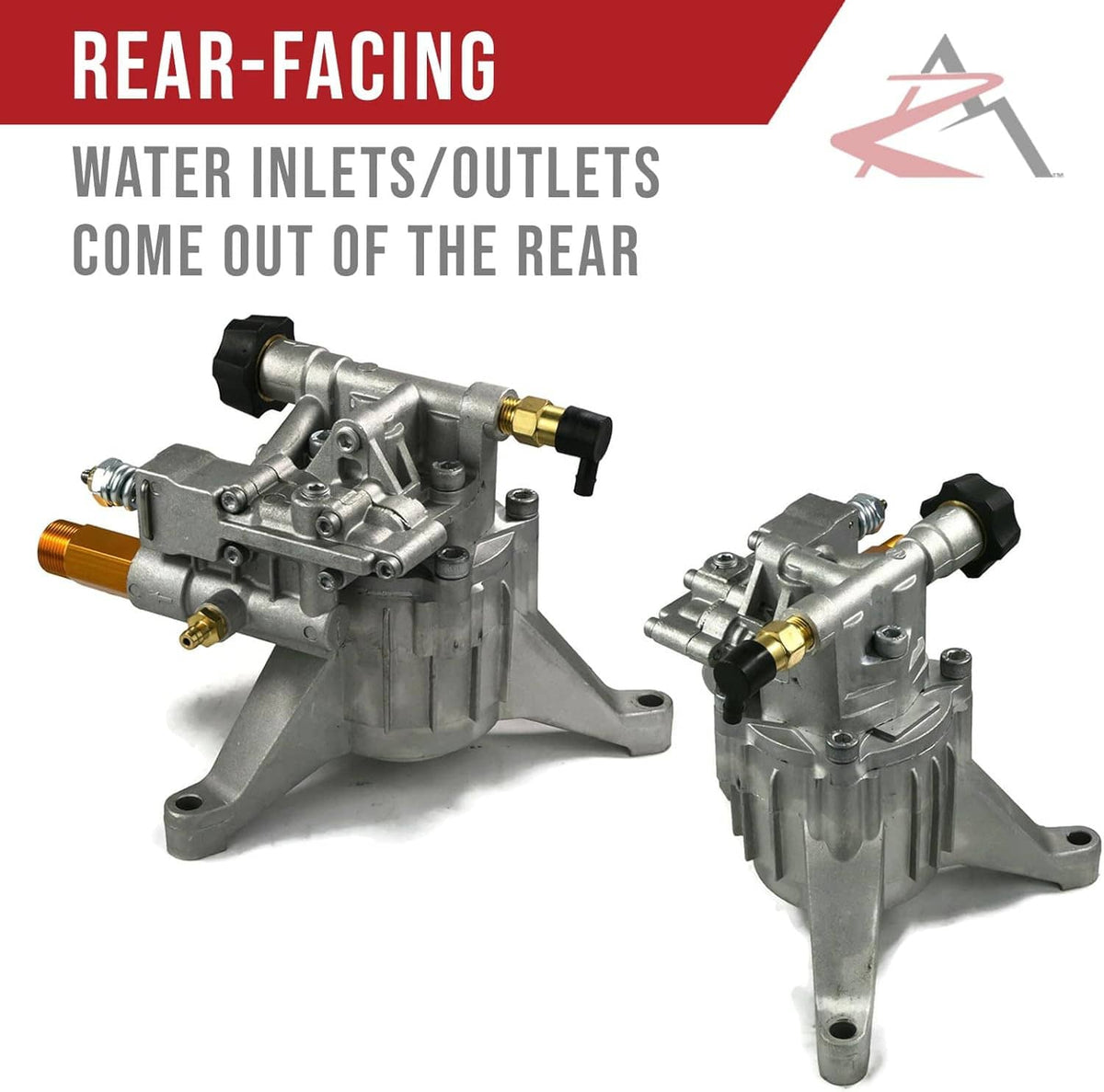 Pressure washer pump showing rear water inlets/outlets and connected fittings