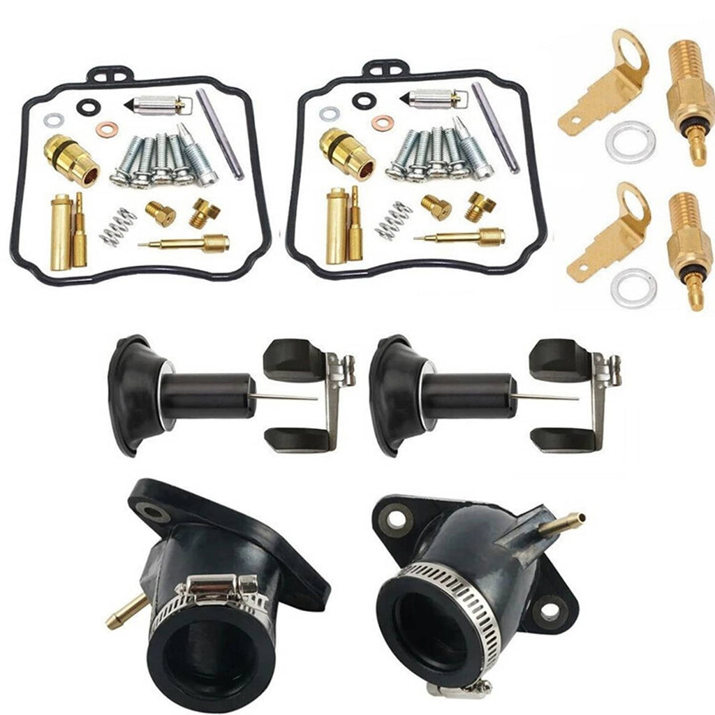 Carburetor rebuild kit: two carburetor bodies with black boots, jets, screws, springs