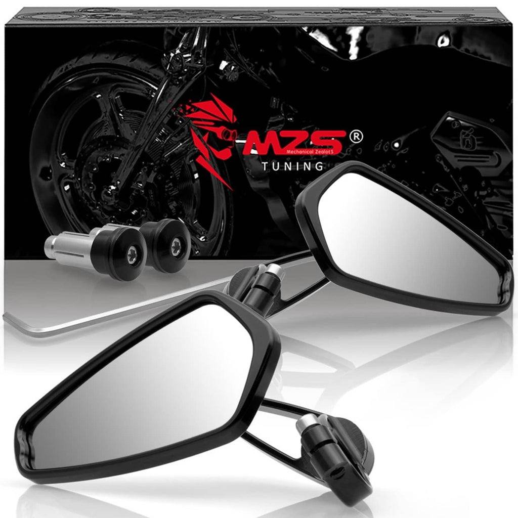 Set of black bar-end rearview mirrors with tinted glass lenses and mounting hardware.